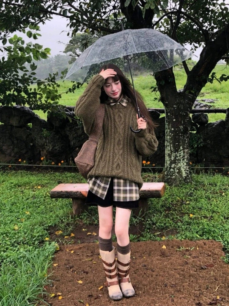 Green Knitwear Pullovers Long Sleeve Oversized Sweater Fairy Grunge Autumn Winter Thick Warm Clothes