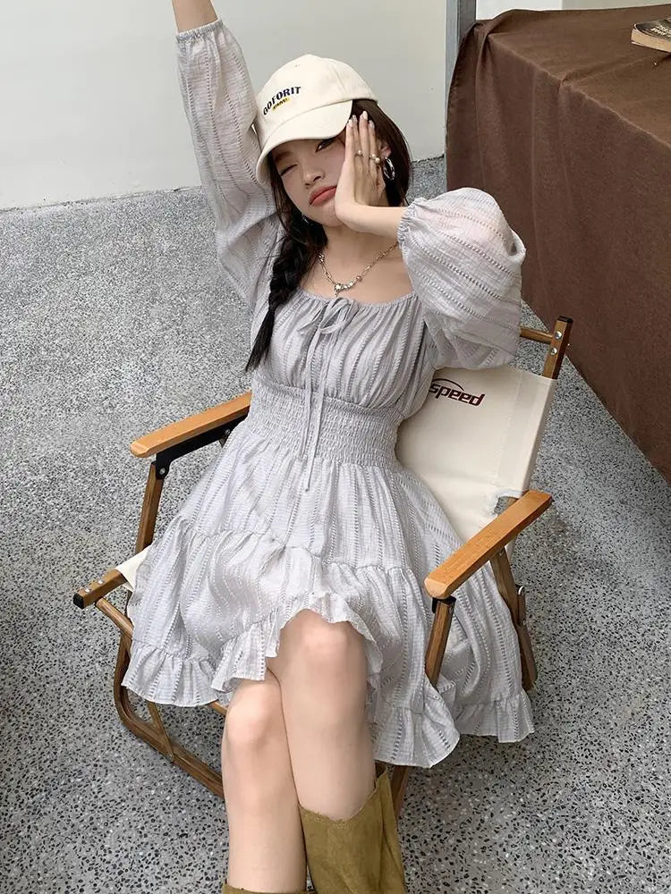 Summer New Gray Ruffles Laceup Pleated Mini Dress French High Waist Long Sleeves Vacation Short Dress Simple