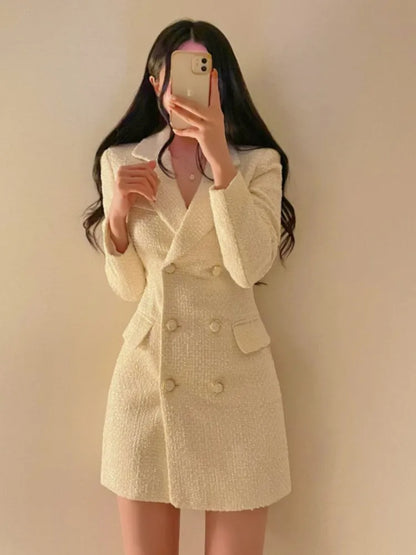 Autumn Winter Tweed Blazer Dress Double Breasted Slim Short Dresses for Korean Office Lady Coat Dress New