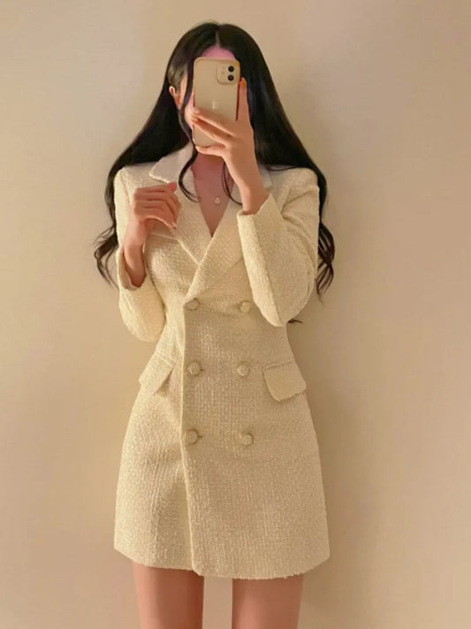 Autumn Winter Tweed Blazer Dress Double Breasted Slim Short Dresses for Korean Office Lady Coat Dress New