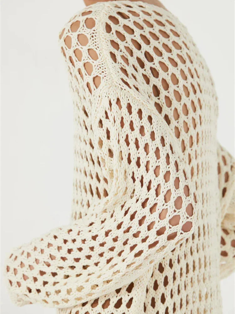 Hollow Out Knit Cover Up Dress for See-through Loose Beach Holiday Mini Dress Summer Splice Knitwear Cover Up