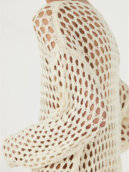 Hollow Out Knit Cover Up Dress for See-through Loose Beach Holiday Mini Dress Summer Splice Knitwear Cover Up