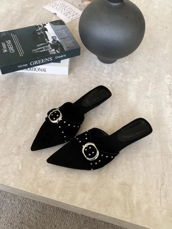 Shoes Woman Pointed Toe Slippers Summer Rivet Slides on a Wedge Low Flock Designer Rome Hoof Heels Fabric Rubber Fas