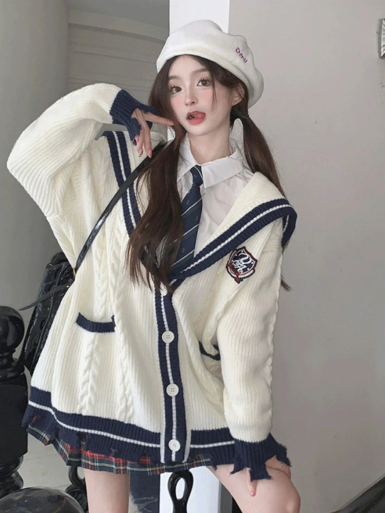 Sailor Collar Knitted Cardigan Oversized Preppy Style Sweaters Coat for Korean Style New