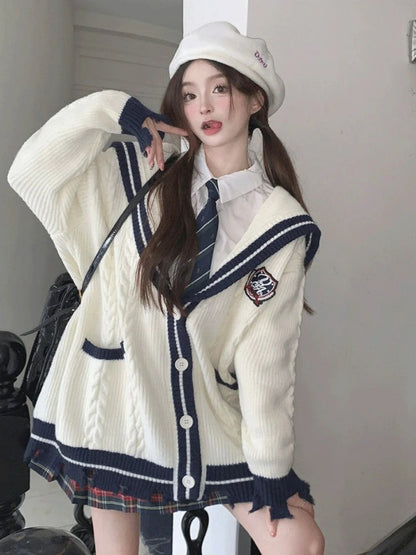 Sailor Collar Knitted Cardigan Oversized Preppy Style Sweaters Coat for Korean Style New