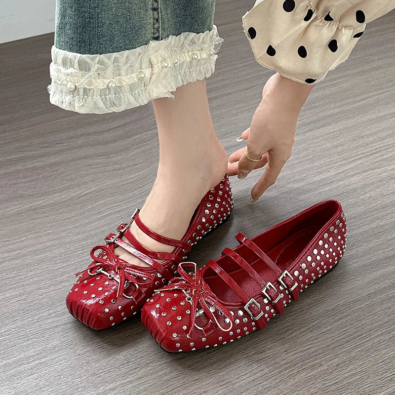 Rivet Ballet Burgundy Mary Jane Flat Shoes Summer New Bow Square Head Comfortable Shoes