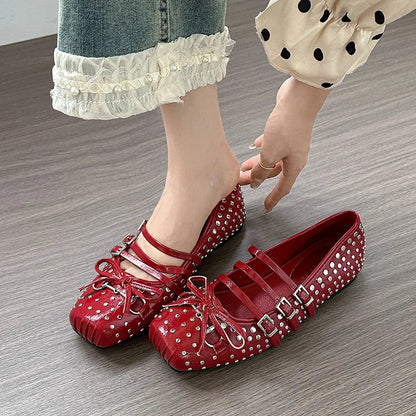 Rivet Ballet Burgundy Mary Jane Flat Shoes Summer New Bow Square Head Comfortable Shoes