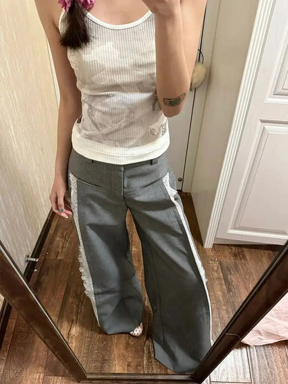 Lace Suit Pants for Y2k Baggy Spliced High Waist Wide Leg Trousers Oversize Office Harajuku Causal Pantalon
