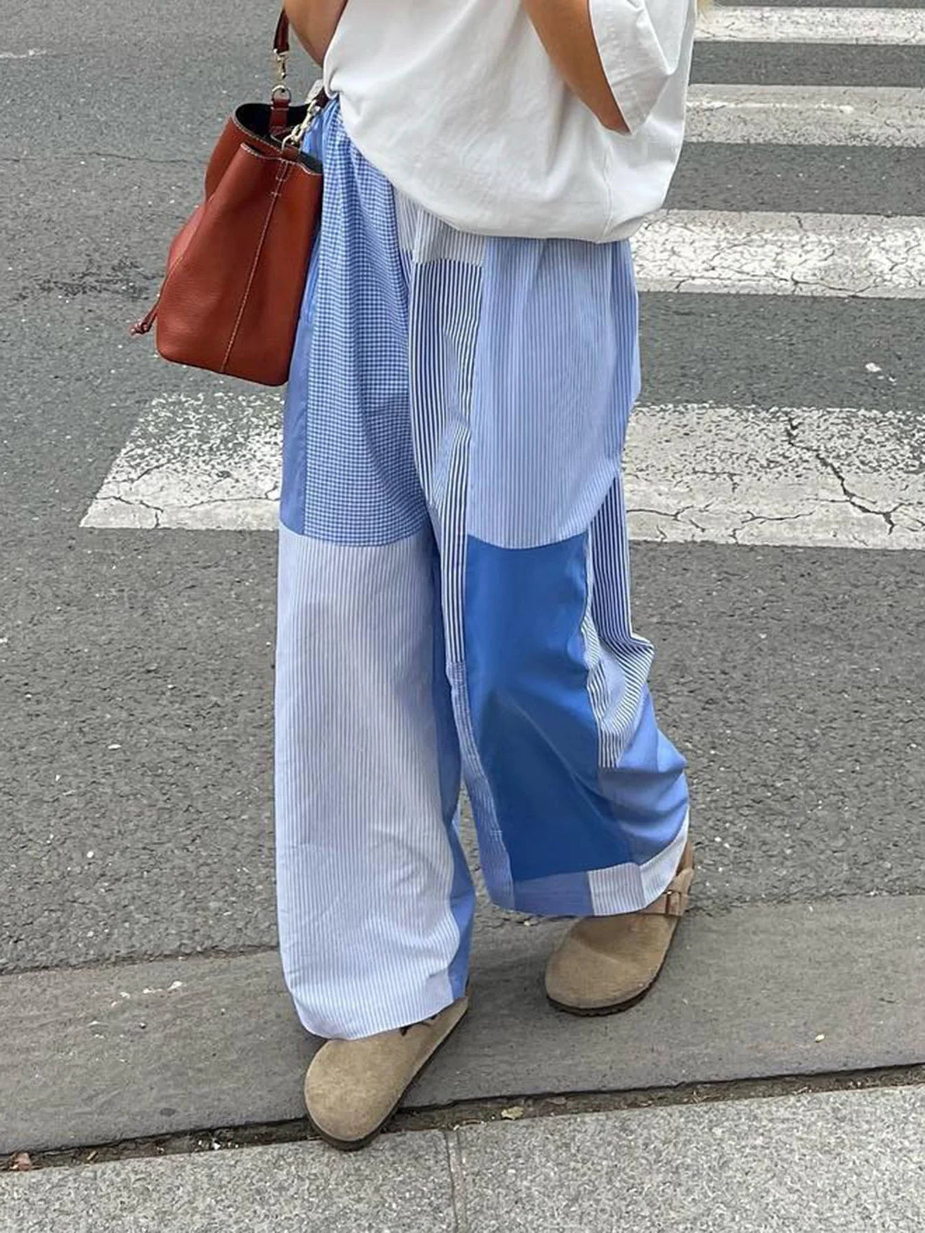 Grunge Aesthic Color Block Blue Stripe Baggy Trousers for Elastic Waist Loose Woven Pants Lazy Homewear