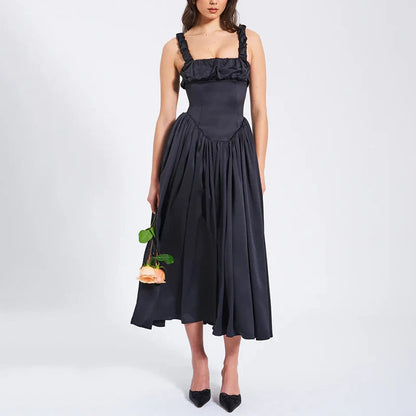 Satin Suspender Maxi Dress for Ruched Splice Sleeveless Club Party Slinky Dress Birthday Robes Female