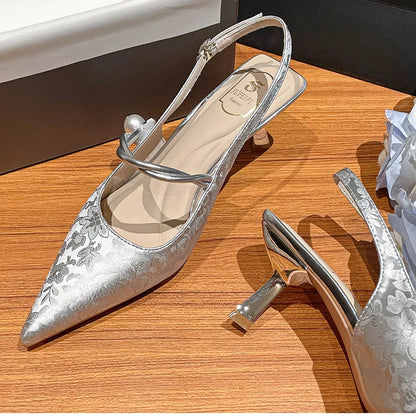 Satin Pointed Toe High Heels Designer Sandals Green Slingback Party Dress Shoes Muller Pumps