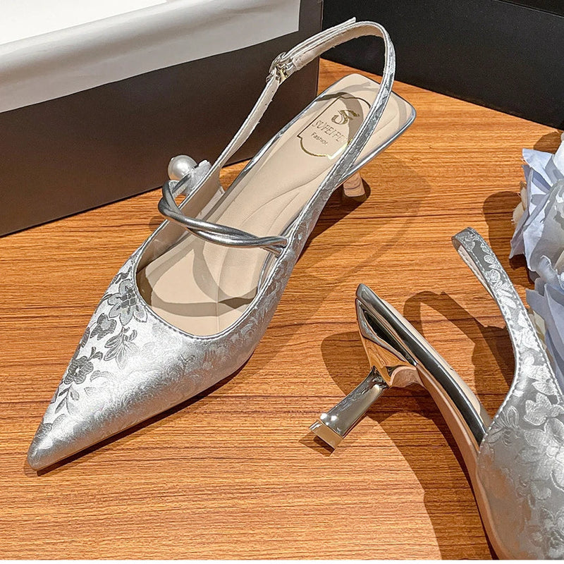 Satin Pointed Toe High Heels Designer Sandals Green Slingback Party Dress Shoes Muller Pumps