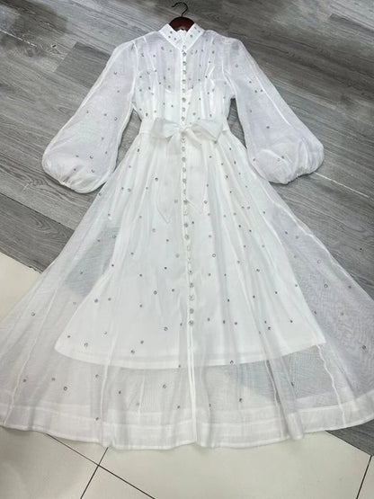Long Dress British Style Beading Single Breasted Design Gentle Temperament Dresses Spring Autumn