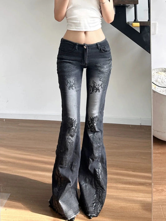 Y2k Flared Jeans 2000s Print Distressed Low Waist Slim Denim Pants Korean Retro Trousers