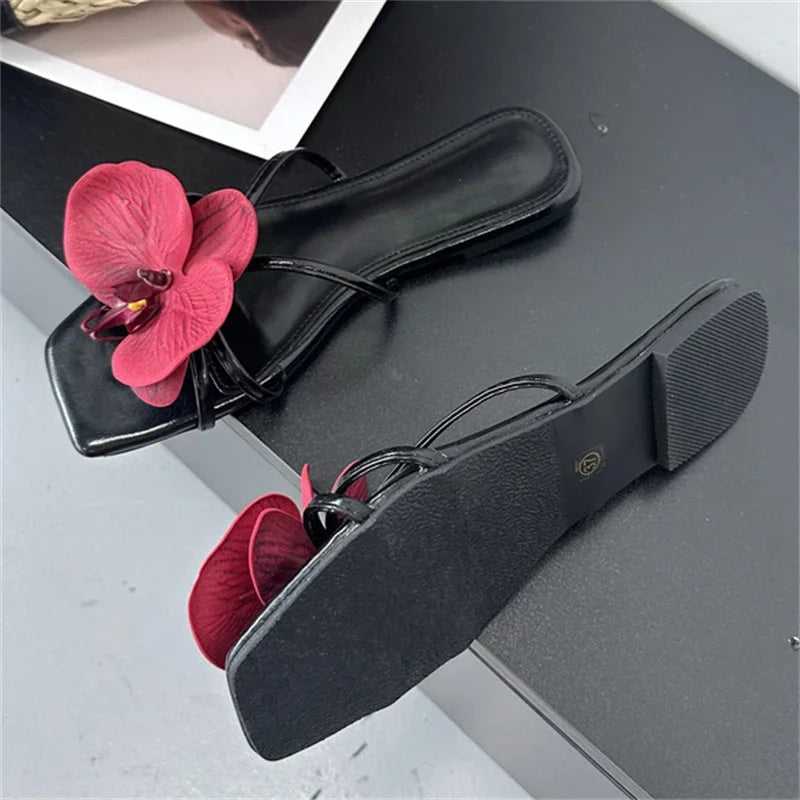 Summer Flower Narrown Band Low Heels Slippers Square Toe Beach Shoes Size 3543