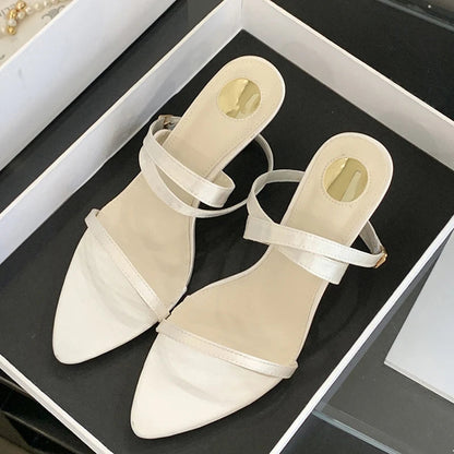 Summer White Sandal for Corss Ankle Buckle Strap Shoes Pointed Open Toe Thin Low Heels Sandalias