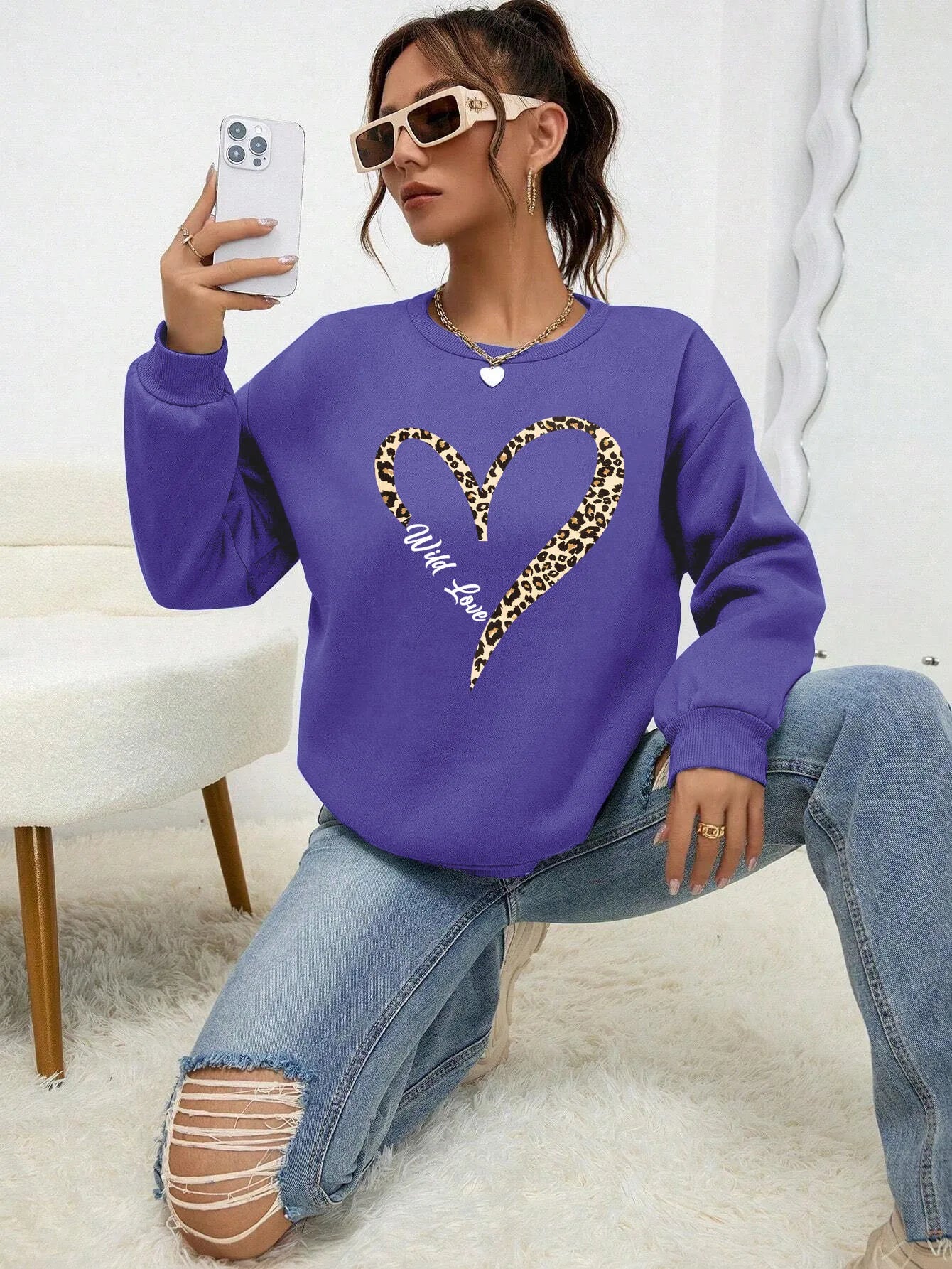 Leopard Wild Heart Pattern Print Female Sweatshirt Street Fur-liner Hooded Hipster New Hoodies All-match Crewneck Tracksuit