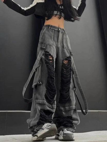 Black Ripped Jeans for Hip Hop Y2k Baggy Hole Do Old Wide Leg Cargo Denim Pants Bottoms