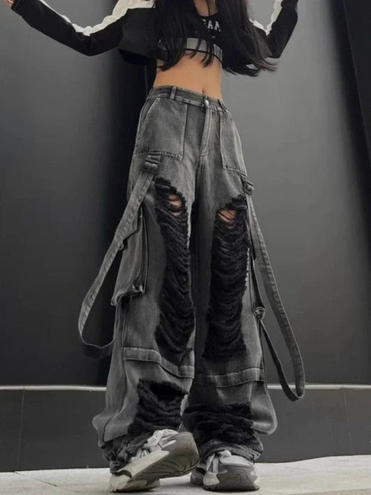 Black Ripped Jeans for Hip Hop Y2k Baggy Hole Do Old Wide Leg Cargo Denim Pants Bottoms