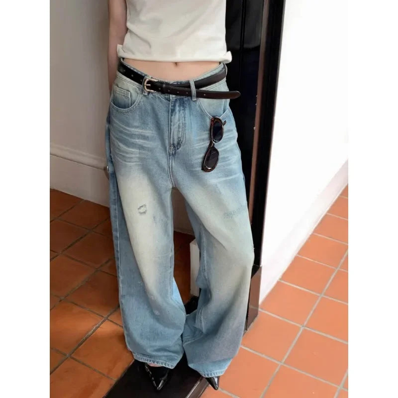 Washed Distressed Jeans Summer New Korean High Waist Loose Denim Wide Leg Pants