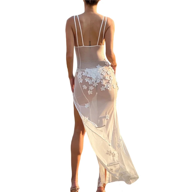 Dress for White Sheer See Through V Neck Sleeveless Bodycon Long Dresses 3d Flower Party Dresses Clubwear