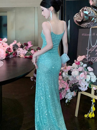 Green Evening Dresses Slim Backless Vneck Split Gown Long Dress Robe Birthday Party Vestidos Spring Autumn