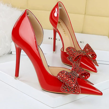 Shoes Pumps 10.5cm Heels Rhinestone Bowknot Lady Heels Stilettos Patent Leather High Heels Female Shoes