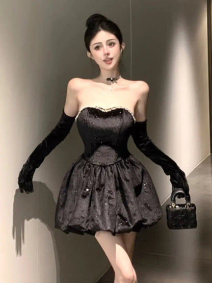 Black Velvet Dresses Y2k Strapless Birthday Party Mini Dress Korean Slim Waist Aline Short Vestidos Female Clothing