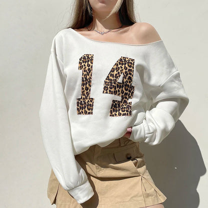 Leopard Digital Patched Fleece Pullovers Fall Winter Plush Thick Sweatshirts Loose Long Sleeve Tops