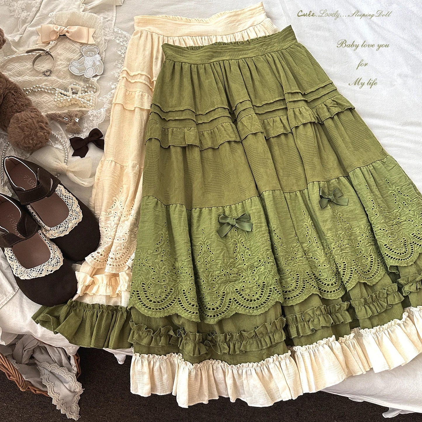Embroidered Lace Ball Gown Skirts Bow Selvedge Lotus Leaf Skirt Clothing Sweet Age Reduction Kawaii Skirt