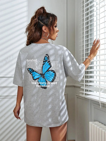 Art Word and Blue Butterfly Printed T-shirt Cotton Short Sleeve Breathable Summer T Shirt Street Clothing