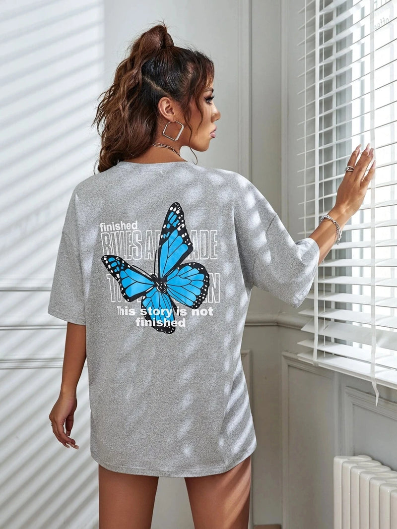 Art Word and Blue Butterfly Printed T-shirt Cotton Short Sleeve Breathable Summer T Shirt Street Clothing