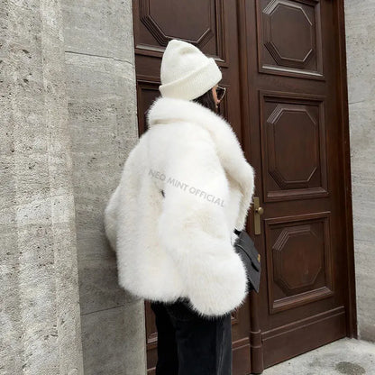 Street Furry Collar Faux Fur Coat Winter Hot Snow White Mountain Fluffy Fox Fur Jacket
