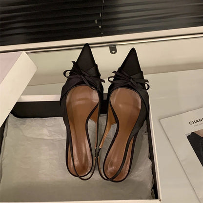 Bowktie Pointed Toe Slingbacks Low Thin Heel Dress Shoes