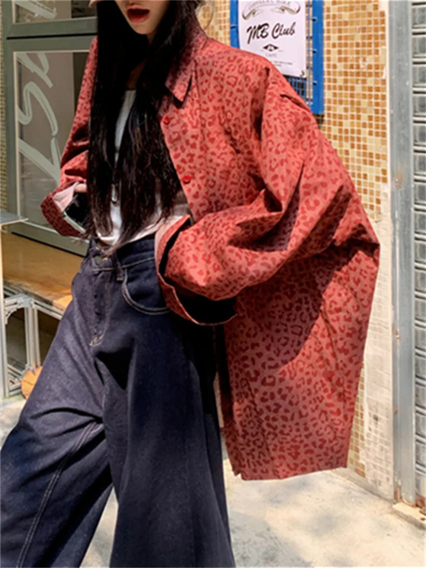 Ankela Red Jackets Leopard Loose New Autumn All Match Coats Denim Wide Leg Jeans