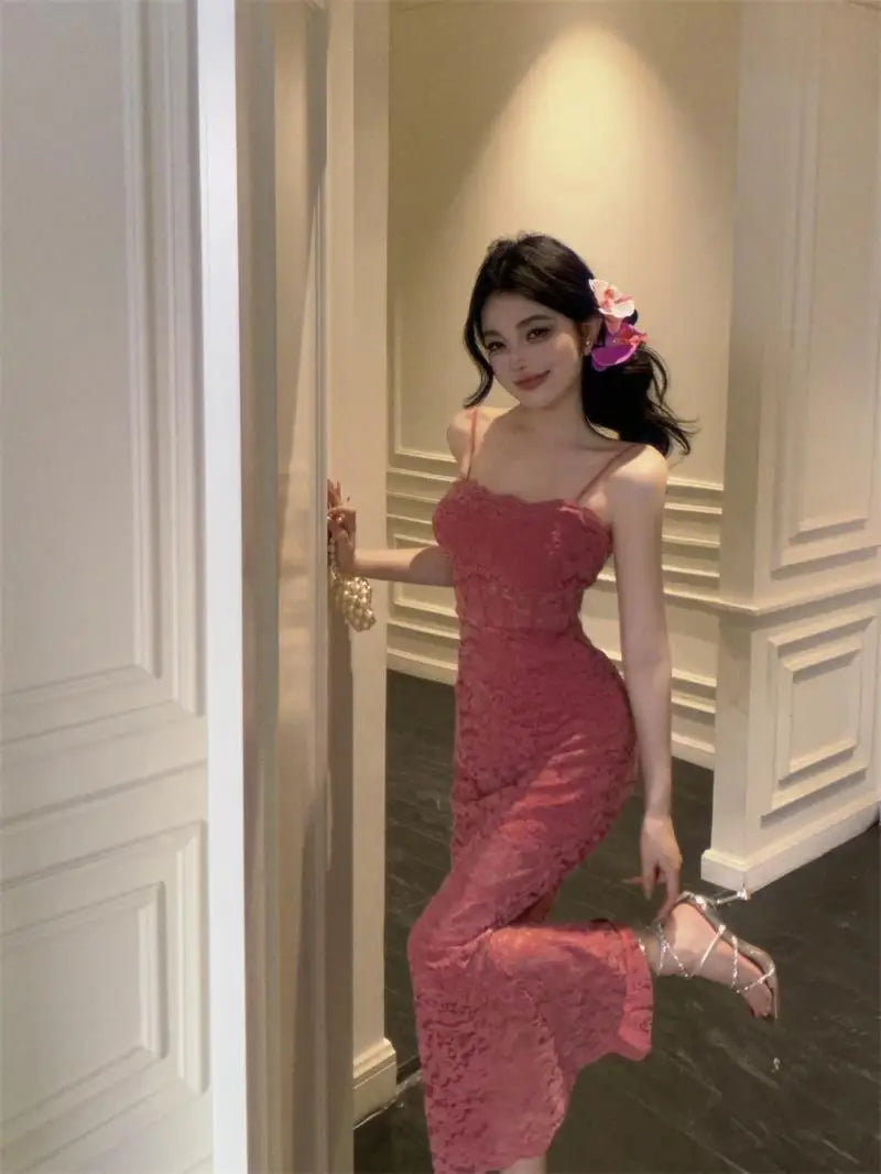 Rose Red Hollow Lace Suspender Dress for in Summer Waisthugging Skirt