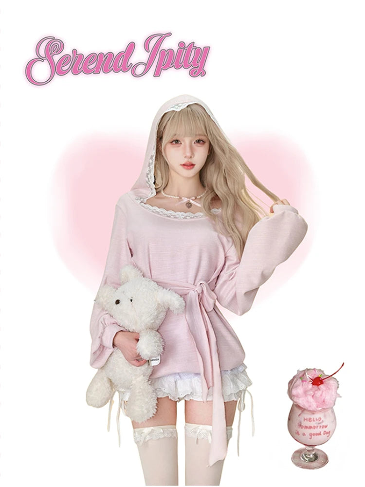 Kawaii Pink Mini Dress With Hooded Lace Japanese Short Party Dress Female One Piece Dress Koreean Autumn