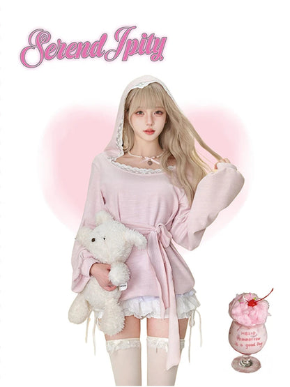 Kawaii Pink Mini Dress With Hooded Lace Japanese Short Party Dress Female One Piece Dress Koreean Autumn