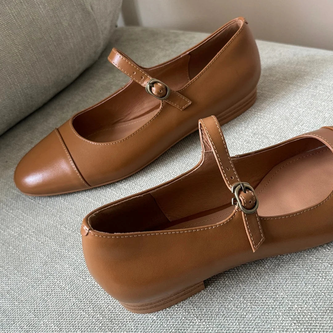 Genuine Leather Round Toe Slipon Mary Jane Flats Soft Comfortable Female Daily Footwear Shoes for Woman New