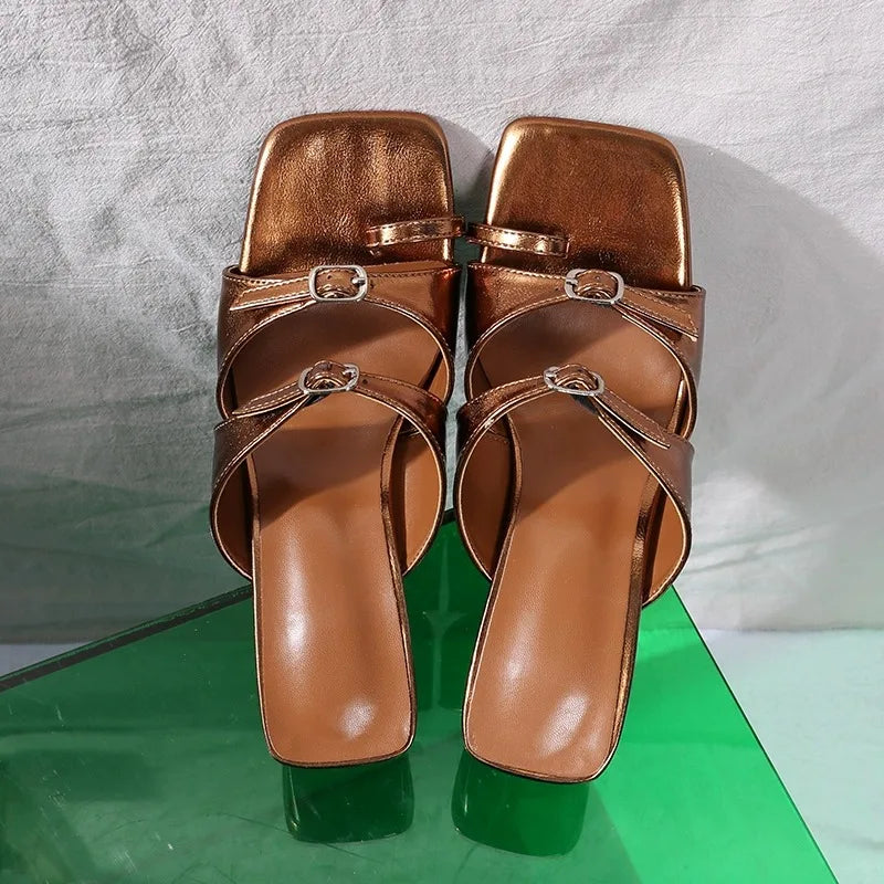 Antique Brown Patent Leather Double Buckle Strap Slides Designer Square Open Toe Low Block Heel Sandals Flip Flops Shoes