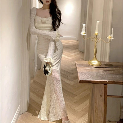 Lace Long Dresses for Off Shoulder Fishtail Bodycon Mermaid Autumn Spring Birthday Evening Party Prom Robe Vestidos