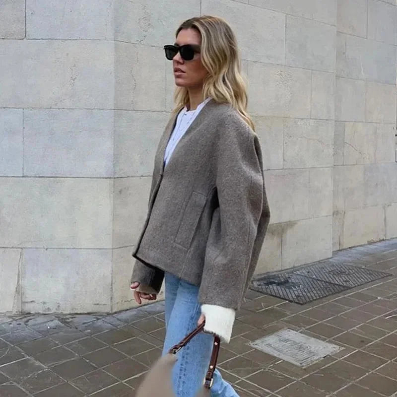 Single Breasted Short Coats Long Sleeves V Neck Crop Jackets Autumn Lady Commuter Outerwear