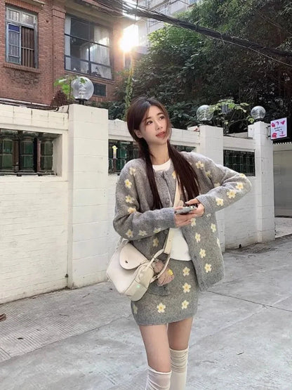Sweet Hot Girl Knitted Suit Autumn and Winter Oneck Loose Cardigan Wrap Hip Skirt Twopiece Set Female Clothes