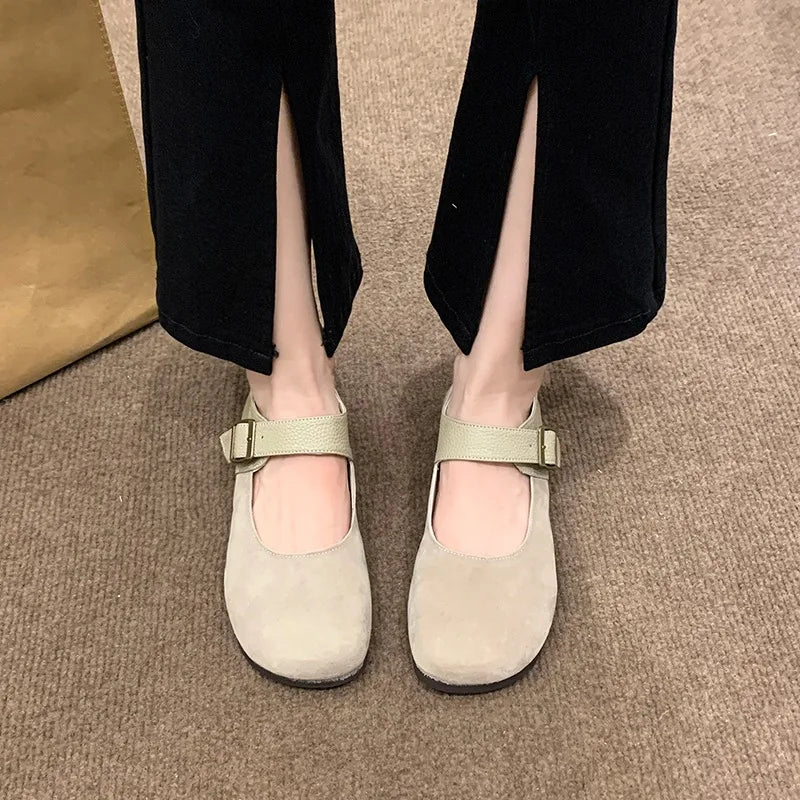 Designer New Leather Buckle Low Heel Mary Jane Shoes Spring Autumn Soft Sole Flat Shoes for