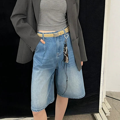 Washed Denim Wide Leg Shorts Summer Loose High Waist Blue Straight Half Pants Female