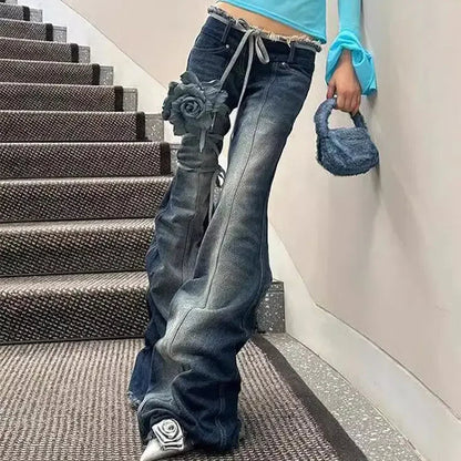 American Retro Pleated Design Slimming Denim Flared Pants for Autumn and Winter New Y2k Spicy Girl Low Waist Jeans