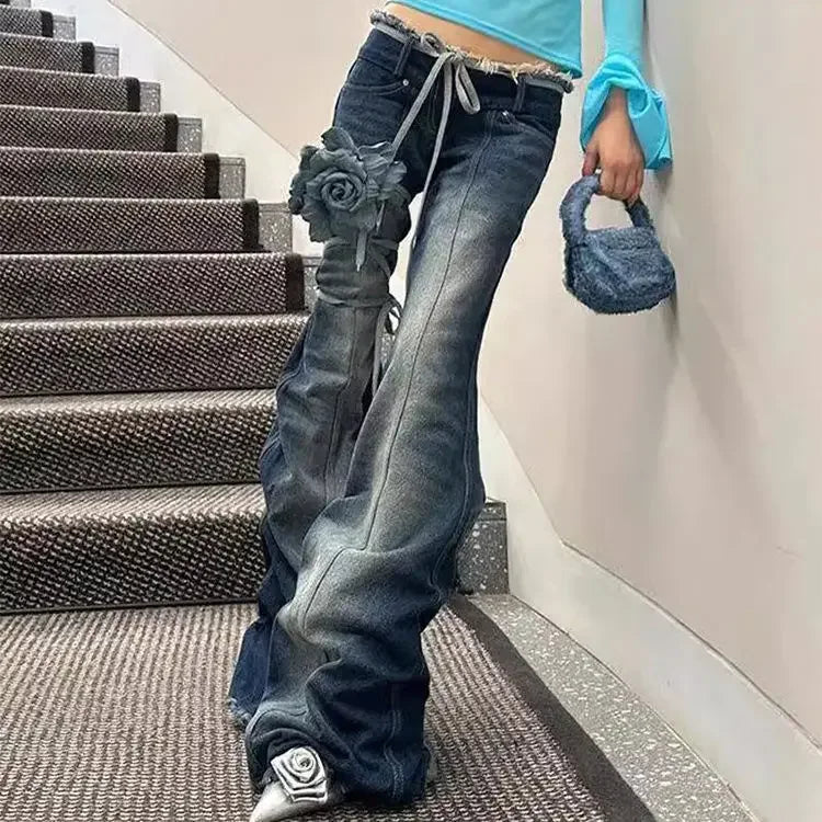 American Retro Pleated Design Slimming Denim Flared Pants for Autumn and Winter New Y2k Spicy Girl Low Waist Jeans