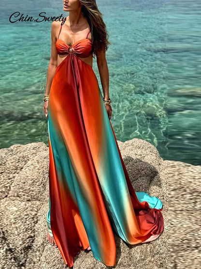 Slip Gradient Long Dress Satin Backless Cut Out Beach A-line Dresses Summer Lady Pleat Vacation Robes