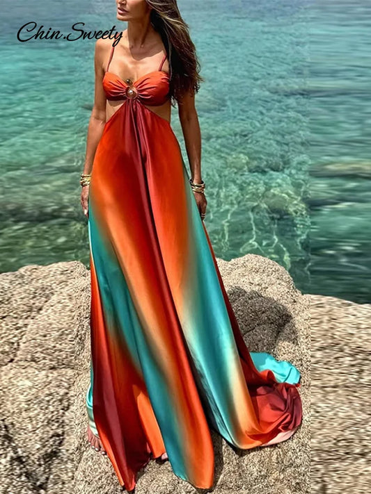 Slip Gradient Long Dress Satin Backless Cut Out Beach A-line Dresses Summer Lady Pleat Vacation Robes