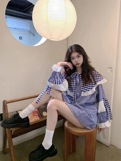 Plaid Shirts Lace Patchwork Ruffles Peter Pan Collar Long Sleeve Spring Sweet Bandage Loose Blouse Female Tops